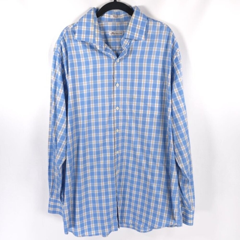 PETER MILLAR‎ Men’s Blue Plaid Shirt Long Sleeve Cotton Size XL